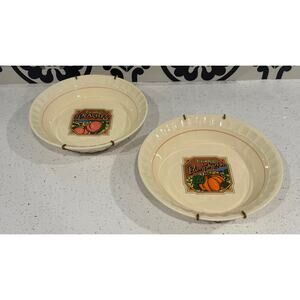 Vtg Treasure Craft Stoneware Pie Plates Wall Hangers Farm Fresh Peaches Pumpkins